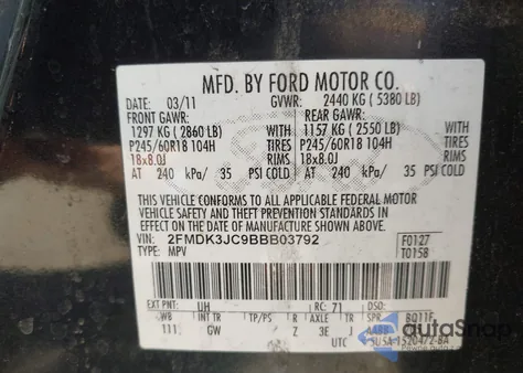 2011 Ford Edge Sel из США, поврежденный, VIN 2FMDK3JC9BBB03792